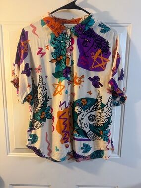 Sunburst Kiss Abstract Graphic Button Up Shirt Size L Boho Artsy